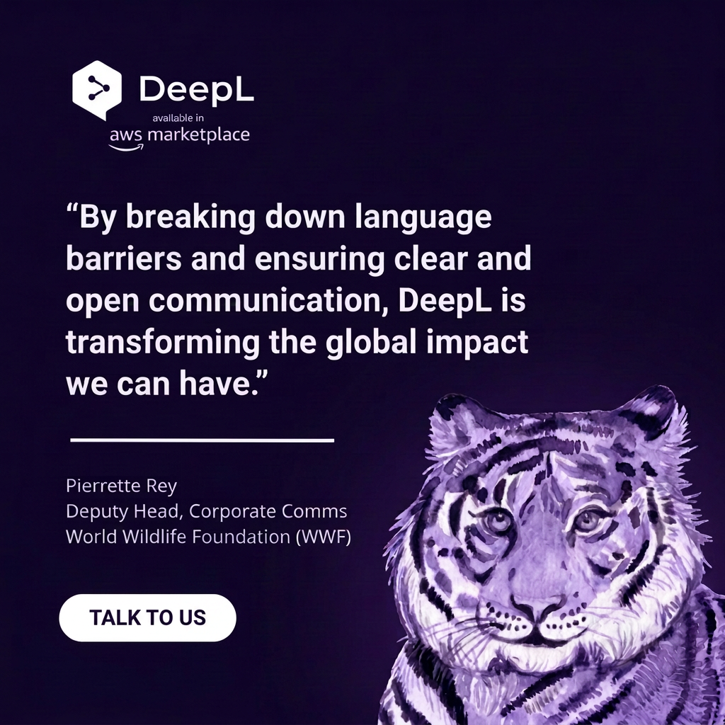Dark editorial color variation of a DeepL and WWF social ad, featuring a painted tiger and a quote about breaking language barriers