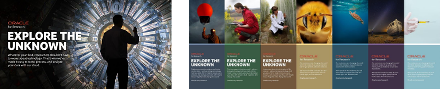 Oracle for Research Explore the Unknown campaign: hadron collider banner beside the full banner set featuring the bee, field researchers and marine life