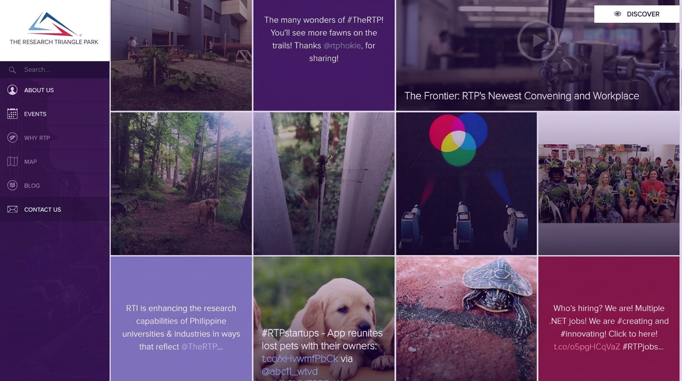 Research Triangle Park website homepage with bold purple typography